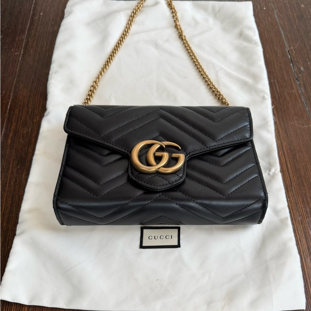 Gucci Black Chevron Crossbody Bag with Gold Chain